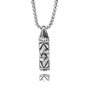 Collier vintage avec pendentif cylindrique en acier inoxydable et motifs géométriques gravés