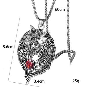 Wolf head pendant necklace in stainless steel with red gemstone and 60cm box chain