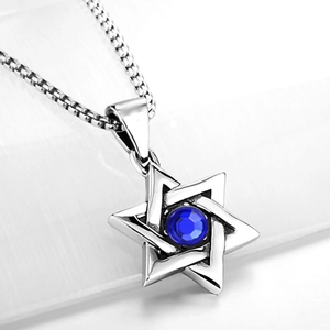 Vintage stainless steel hexagram pendant necklace with a deep blue round gemstone