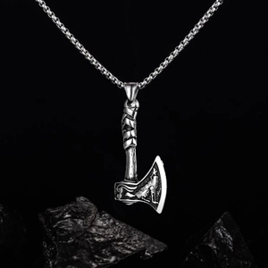 Viking axe pendant necklace with wolf head engravings on stainless steel dragon chain
