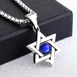 Retro stainless steel hexagram pendant necklace with blue crystal and durable box chain