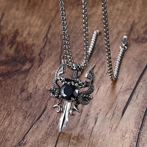 Double dragon sword cross necklace with black gemstone in durable stainless steel