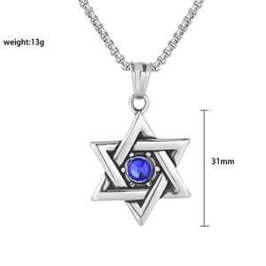 Detail of 31mm hexagram skull pendant in silver steel with a blue center gemstone