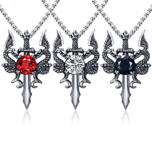 Gothic Double Dragon Sword Pendant Necklace Stainless Steel Chain Alloy Rhinestone Punk Fantasy Jewelry For Men Women