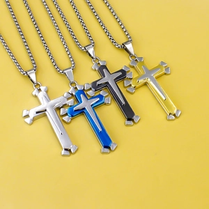 Three-layer stainless steel cross pendant necklace in silver, blue, black, and gold set