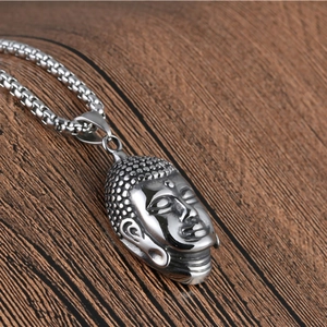 Retro stainless steel Buddha pendant necklace with detailed Shakyamuni carving for men