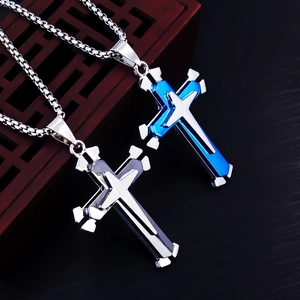Three-layer stainless steel cross pendant necklace in silver and blue for men and women
