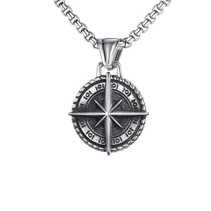 Vintage stainless steel compass pendant necklace with oxidized silver finish and box chain