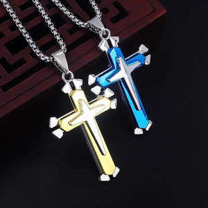 Three-layer stainless steel cross necklace set in gold and blue punk rock style