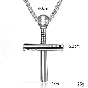 Silberne Halskette aus Edelstahl mit Baseball-Kreuz und Schläger-Design, 60 cm
