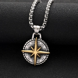 Vintage stainless steel compass pendant necklace with gold north star and box chain