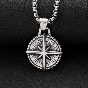 Vintage stainless steel compass pendant necklace with 8-point star and square box chain