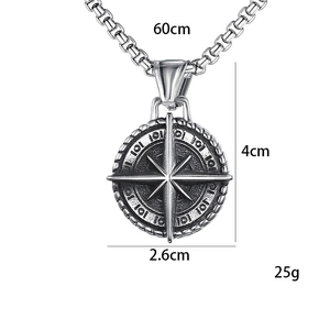 Vintage stainless steel compass pendant necklace for men with 60cm chain and measurements