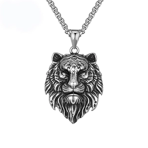 Collier Pendentif Tête de Lion Tigre en Acier Inoxydable Vintage pour Homme Bijoux Gothiques Hip Hop Punk Animaux Argent Antique