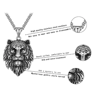 Collier avec pendentif tête de lion gothique en acier inoxydable argenté rétro