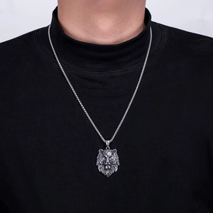 Collier avec pendentif tête de lion hip hop pour homme en acier inoxydable argenté