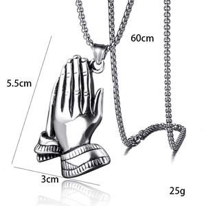 Collier hip hop vintage en acier inoxydable avec pendentif mains en prière et chaîne 60cm