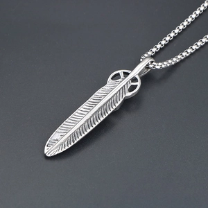 Japanese style titanium steel feather pendant necklace with fine silver chain link