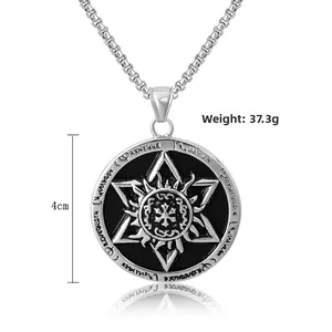 Retro titanium steel hexagram pendant necklace with sunburst and black enamel finish