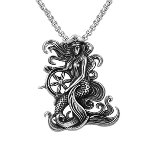 Vintage Meerjungfrau Schiffsruder Anhänger Halskette Edelstahl Venezianerkette Retro Hip Hop Nautischer Schmuck Für Herren Damen