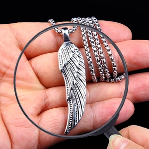 Gothic stainless steel wing pendant necklace with detailed metal engraving for men