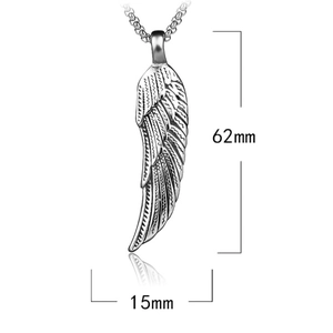 Retro hollow wing pendant necklace in silver stainless steel, size 62mm by 15mm
