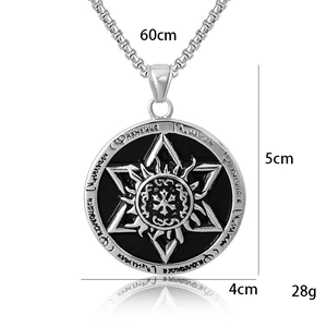 Vintage Egyptian pendant necklace with hexagram relief and 60cm silver steel chain