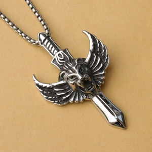 Vintage Stainless Steel Lion Head Wings Sword Pendant Necklace For Men Unisex Gothic Punk Rock Embossed Jewelry Box Chain