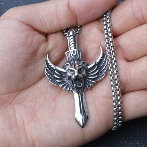 Retro stainless steel lion head pendant necklace with sword wings on box chain