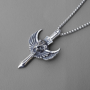 Vintage stainless steel lion head sword necklace with wings on grey leather background