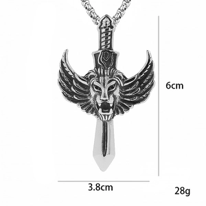 Vintage stainless steel lion head pendant with wings and sword including size dimensions