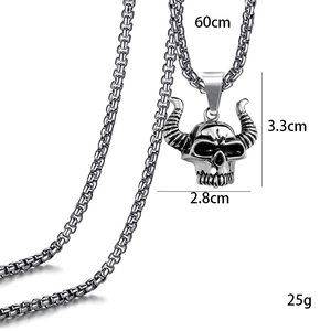 Gothic punk bull skull pendant necklace in silver stainless steel with 60cm box chain