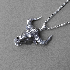 Vintage oxidized stainless steel bull head pendant necklace with box chain for men