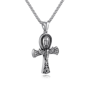 Silver stainless steel Ankh cross pendant necklace with Egyptian carvings and chain