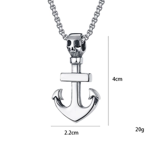 Men's vintage stainless steel anchor and skull pendant on a classic box chain
