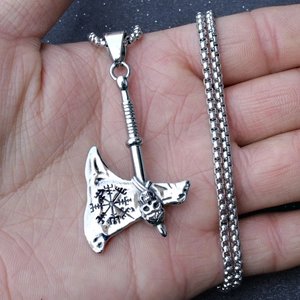 Viking axe pendant necklace in titanium steel featuring skull and Vegvisir compass symbols
