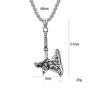Viking axe pendant necklace in stainless steel with skull and Vegvisir compass engraving