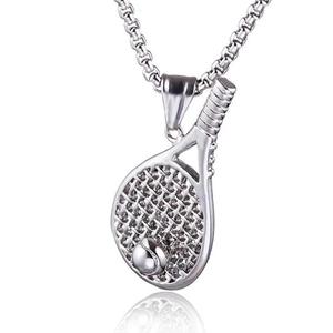 Collier Pendentif Raquette de Tennis en Acier Inoxydable Chaîne de Boîte Style Sport Argent pour Homme Femme Bijou Cadeau