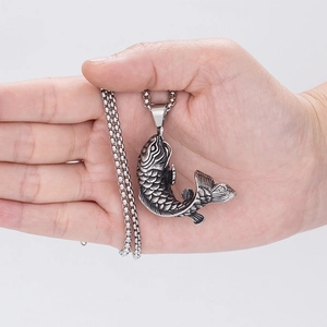 Hip hop men's stainless steel box chain necklace with retro silver carp fish pendant