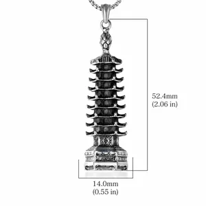 Vintage stainless steel pagoda pendant necklace for men with antique silver finish