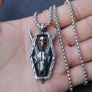 Gothic punk coffin skeleton pendant necklace in vintage silver finish with steel chain