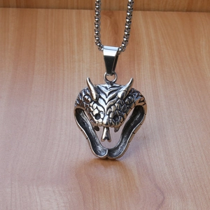 Vintage stainless steel king cobra pendant necklace with horn details and box chain for men