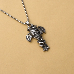 Punk style stainless steel skull axe pendant necklace with snake wrap and silver box chain