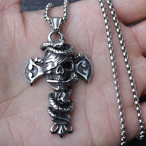 Gothic punk necklace with silver snake skull and cross pendant on a link chain
