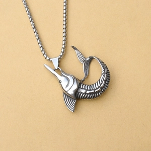Punk style silver fish bone pendant necklace with stainless steel box chain for men