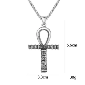 Collier avec pendentif croix Ankh vintage en acier inoxydable et gravure œil d'Horus
