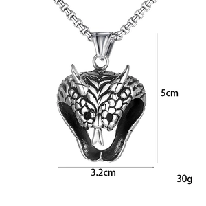 Gothic stainless steel cobra head pendant necklace with vintage oxidized finish, 5cm height