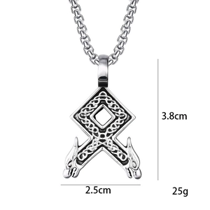 Viking Othala rune pendant necklace in stainless steel featuring detailed wolf heads
