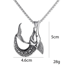 Retro vintage stainless steel swordfish skeleton anchor pendant necklace for men