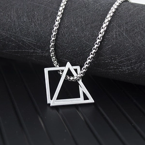 Minimalist geometric square and triangle layered pendant necklace in polished silver steel